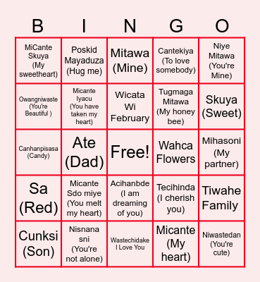 Valentines Dakota Language Bngo Bingo Card