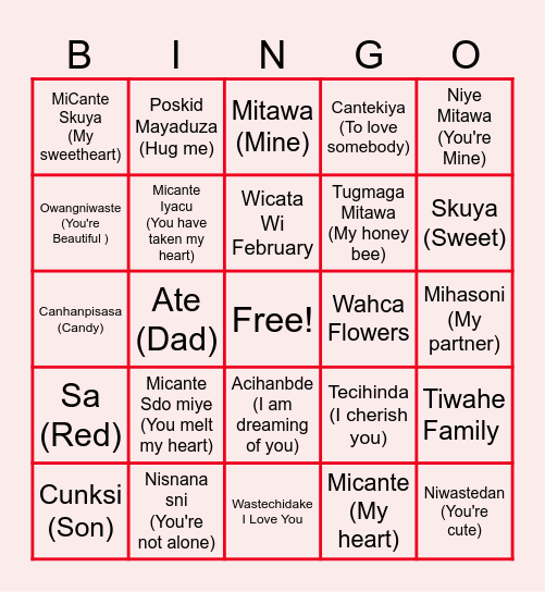 Valentines Dakota Language Bngo Bingo Card