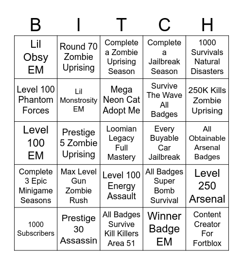 Roblox Bucket List Final Ever 2025 Bingo Card
