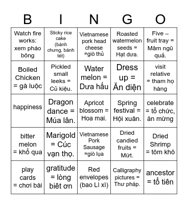 TET HOLIDAY Bingo Card