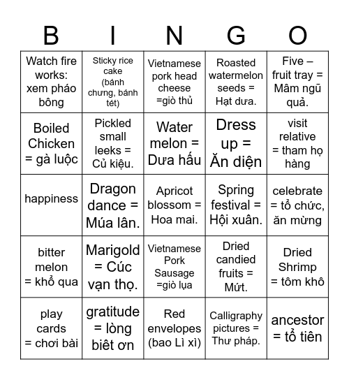 TET HOLIDAY Bingo Card