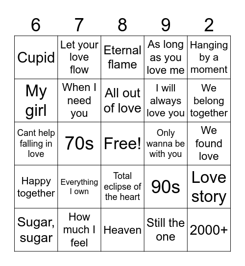 Love Song Bingo Card