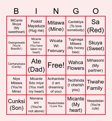 Valentines Dakota Language Bngo Bingo Card