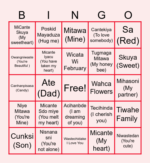 Valentines Dakota Language Bngo Bingo Card