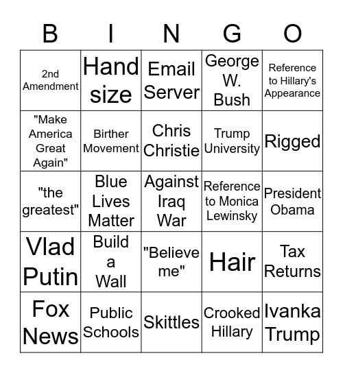 2016 Debate Bingo! Bingo Card