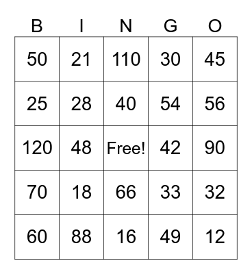 Multiplication Facts Bingo Card