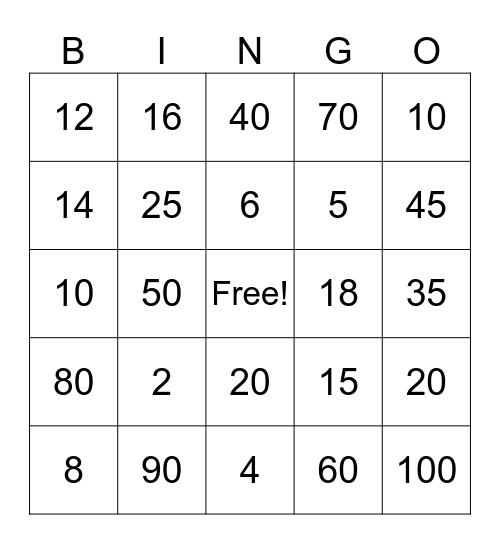 2 X, 5 X, 10 X Bingo Card