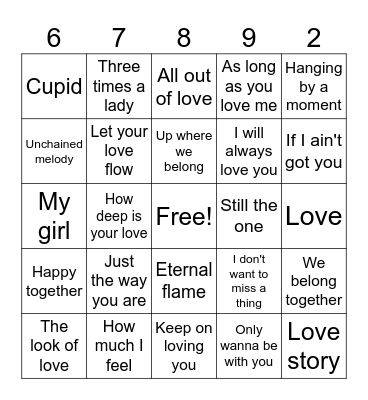 Love Song Bingo Card