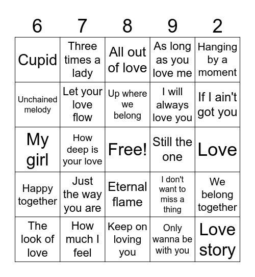 Love Song Bingo Card