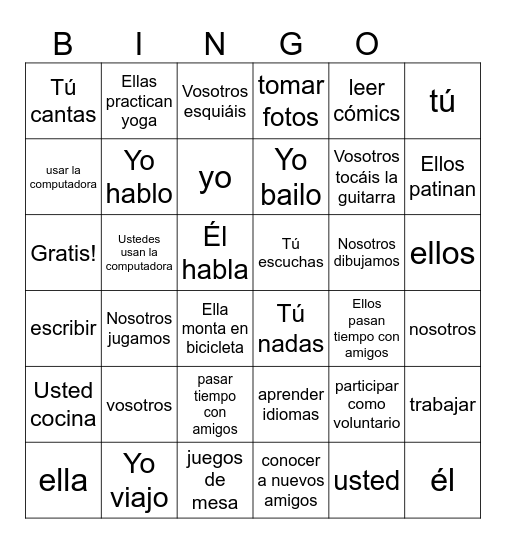 U3: Pasatiempos/-AR verbs Bingo Card