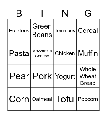 Nutrition Bingo Card
