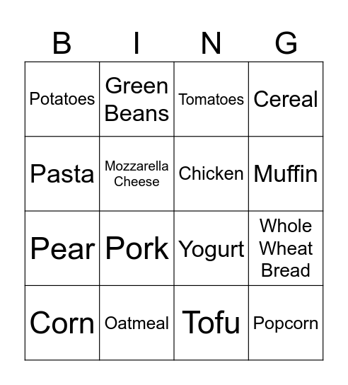 Nutrition Bingo Card