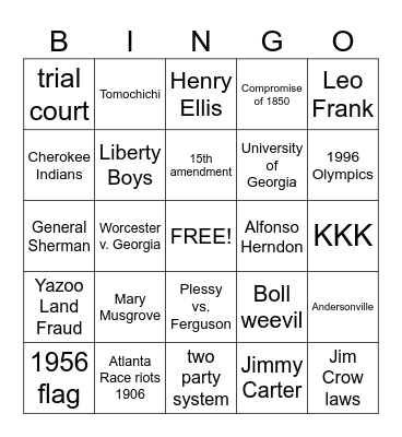 Georgia History Review Bingo Card