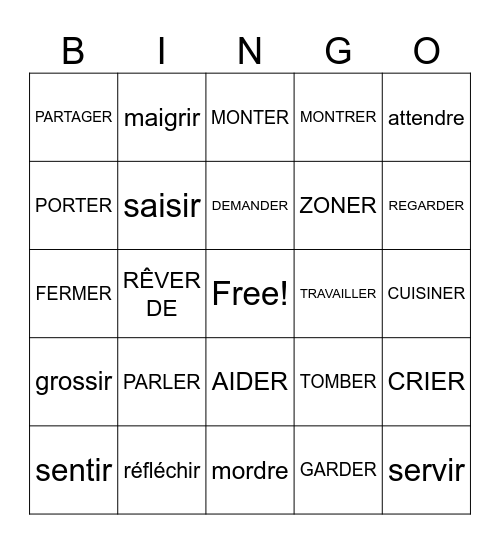 LES VERBES -er, ir-,re Bingo Card