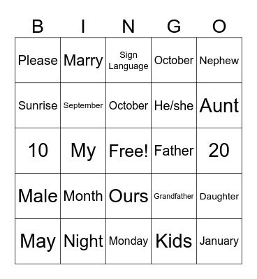 ASL Card 1 Bingo Card