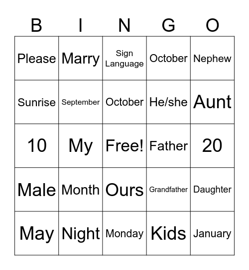 ASL Card 1 Bingo Card