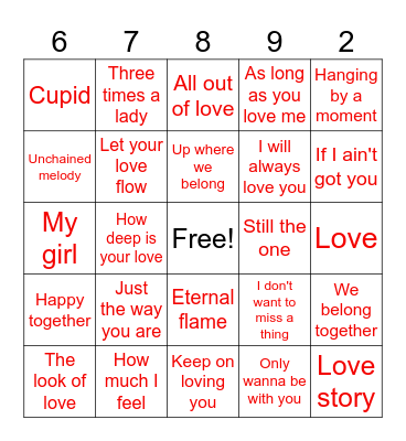 Love Song Bingo Card