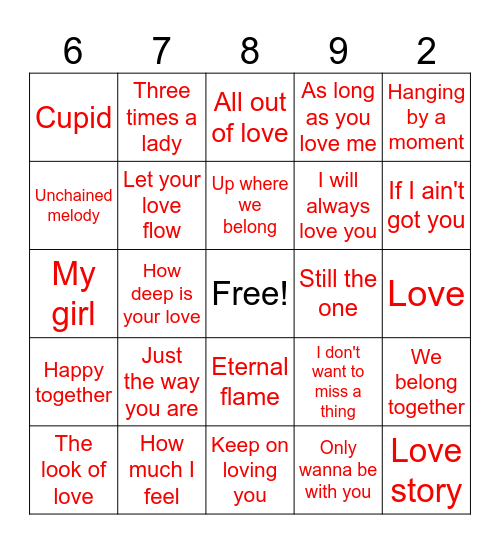 Love Song Bingo Card