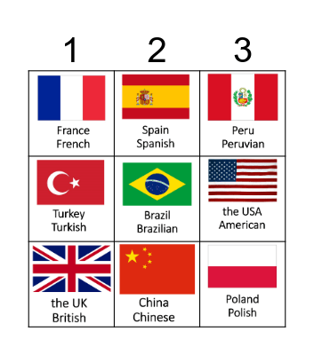 COUNTRIES AND NATIONALITIES Bingo Card
