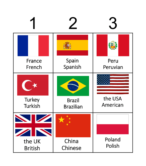 COUNTRIES AND NATIONALITIES Bingo Card
