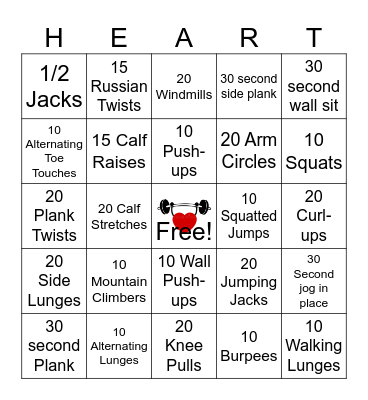 Fitness Valentine Bingo Card