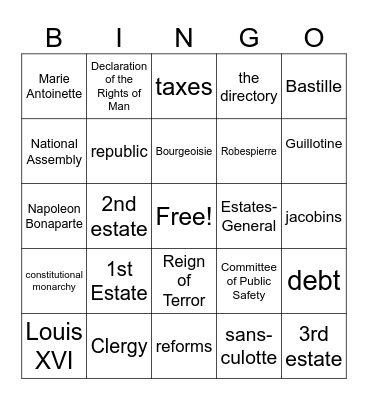 French Revolution Bingo Card