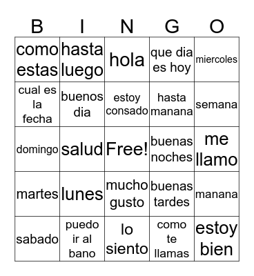 Hispanic Vocabulary Bingo Card