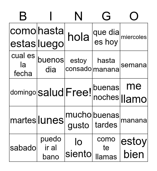 Hispanic Vocabulary Bingo Card