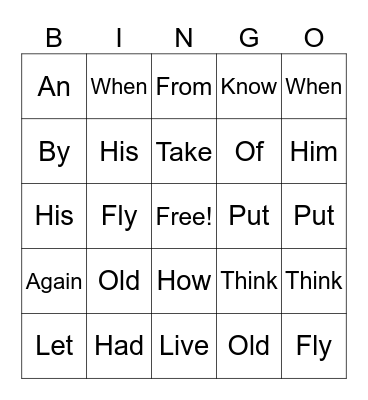 First Grade Sight Words Bingo Card