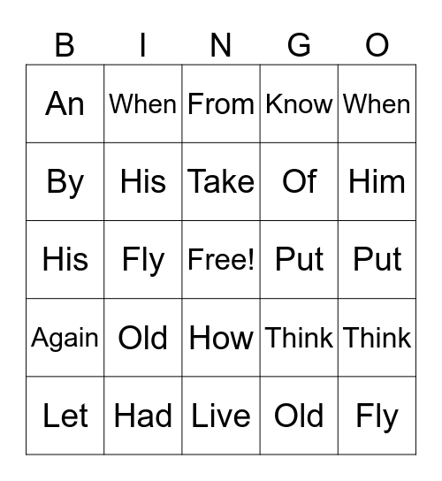 First Grade Sight Words Bingo Card