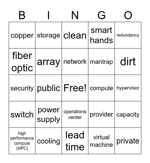 Data Center Tour Bingo Card