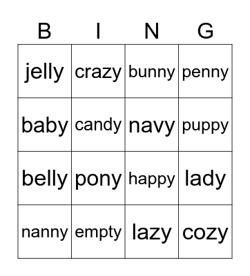 Y says long E Bingo Card