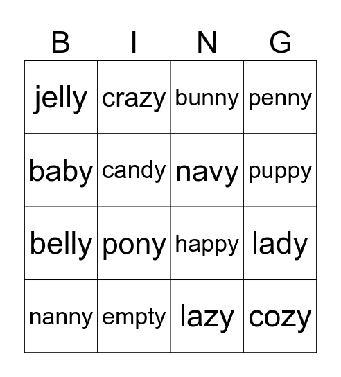 Y says long E Bingo Card