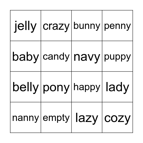 Y says long E Bingo Card