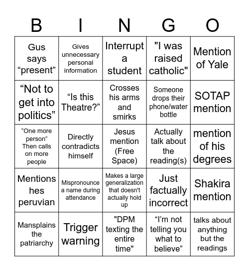 Drama lit Bingo Card