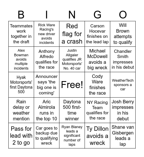 2025 Daytona 500 Bingo Card
