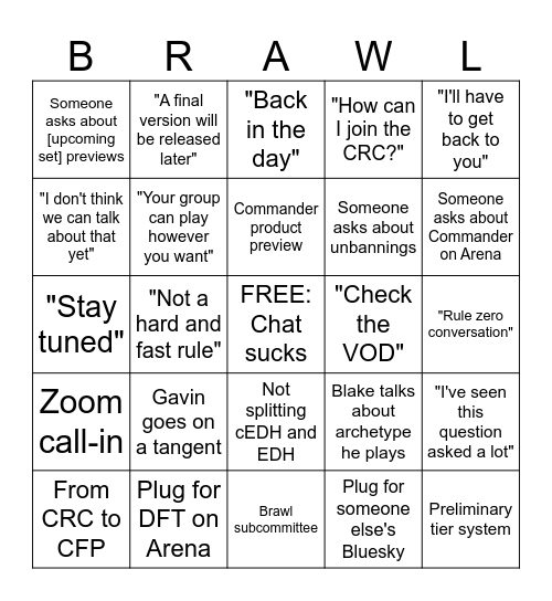 Commander Announcement Bingo Card