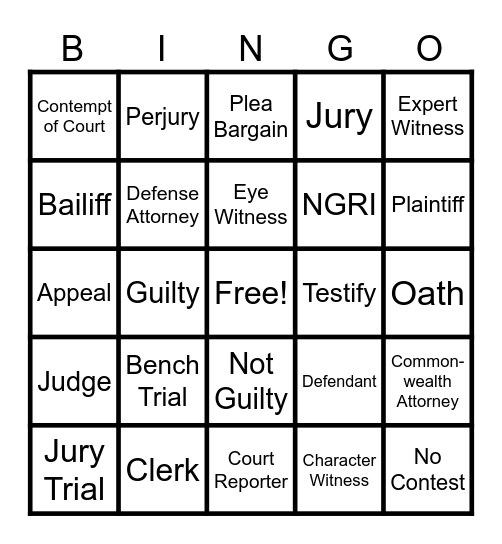 Competency Restoration Bingo Card