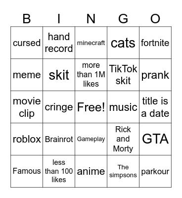 Youtube shorts Bingo Card
