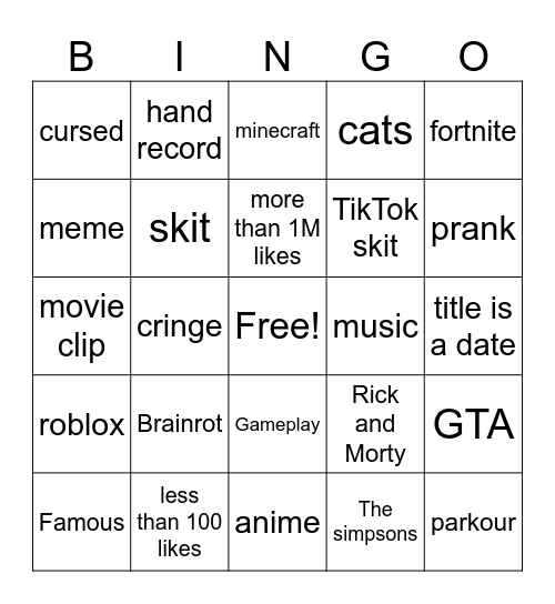 Youtube shorts Bingo Card