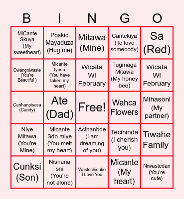 Valentines Dakota Language Bngo Bingo Card