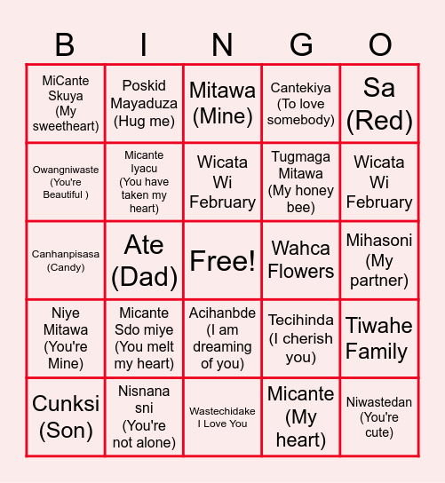 Valentines Dakota Language Bngo Bingo Card