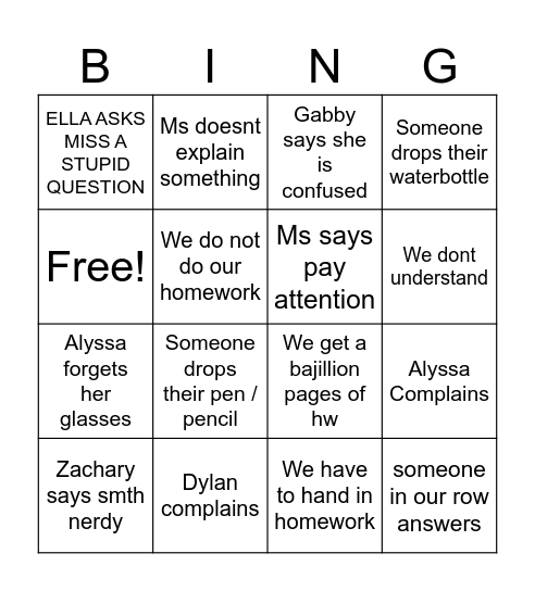 Math bingo Card
