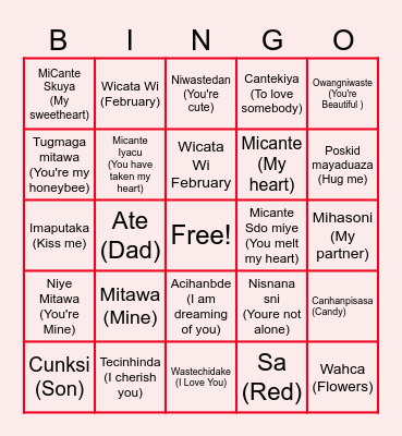 Valentines Dakota Language Bngo Bingo Card