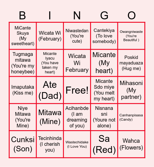 Valentines Dakota Language Bngo Bingo Card