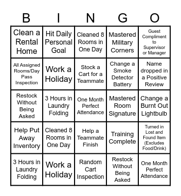 Houskeeping Bingo Card