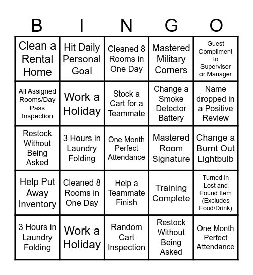 Houskeeping Bingo Card