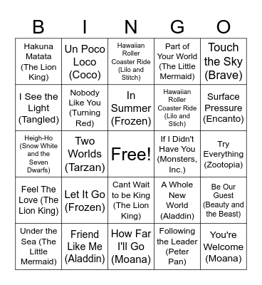Music BINGO - Disney Edition Bingo Card