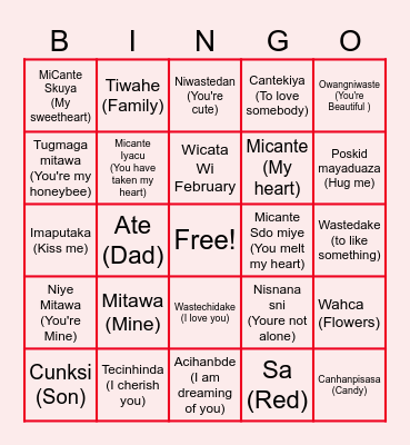 Valentines Dakota Language Bngo Bingo Card