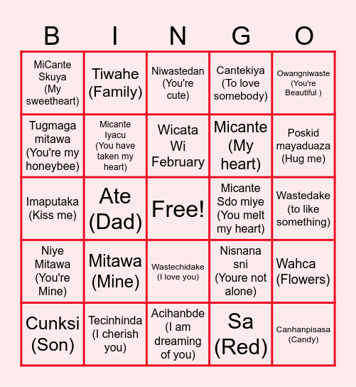 Valentines Dakota Language Bngo Bingo Card